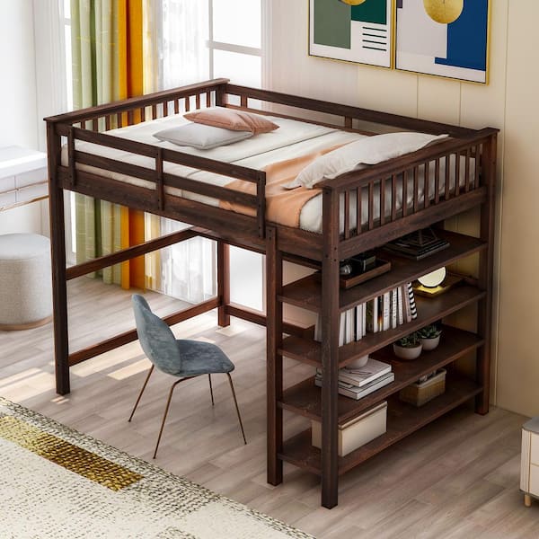 Full Size Loft Bed With Storage Shelves, Full Size Loft Bed Frame With Desk