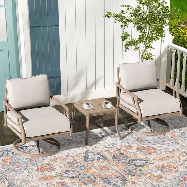 PEAK HOME FURNISHINGS Lamando 3-Piece Aluminum Patio Outdoor Swivel Conversation Set with Light Mixed Gray Cushions