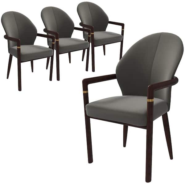 Leisuremod Rubberwood Dining Chair with Leather Upholstery and Ergonomic Design Opaline Series Set of 4 in Khaki