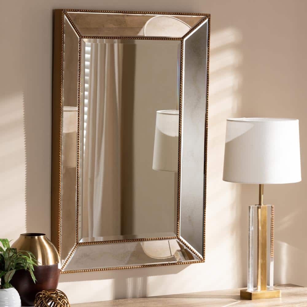 Elegant Antique Gold Rectangular Leather-Trimmed Wall Mirror