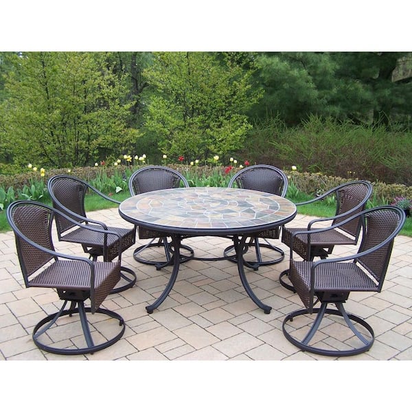 Oakland Living Tuscany Stone Art 54 in. 7-Piece Patio Wicker Swivel Chair Dining Set