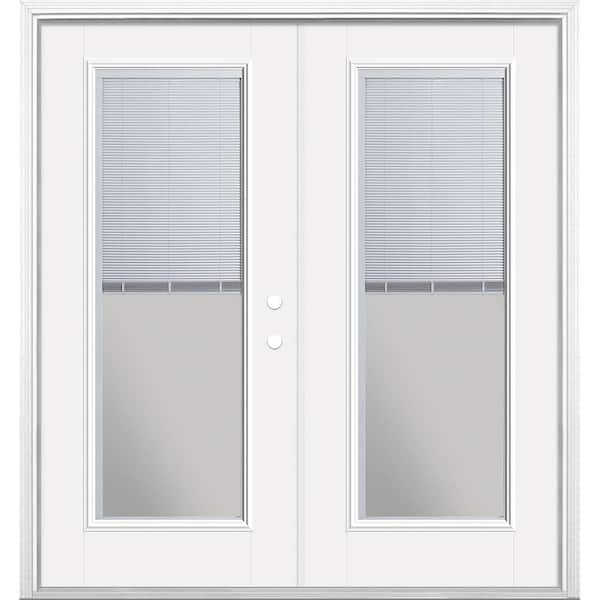 Masonite 72 in. x 80 in. Primed White Fiberglass Prehung Left-Hand Inswing Mini Blind Patio Door w/ Brickmold, Vinyl Frame