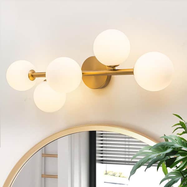 26.38 in. 5-Light Mid-Century Modern Brushed Gold Linear Bathroom Vanity Light with Opal Glass Shades