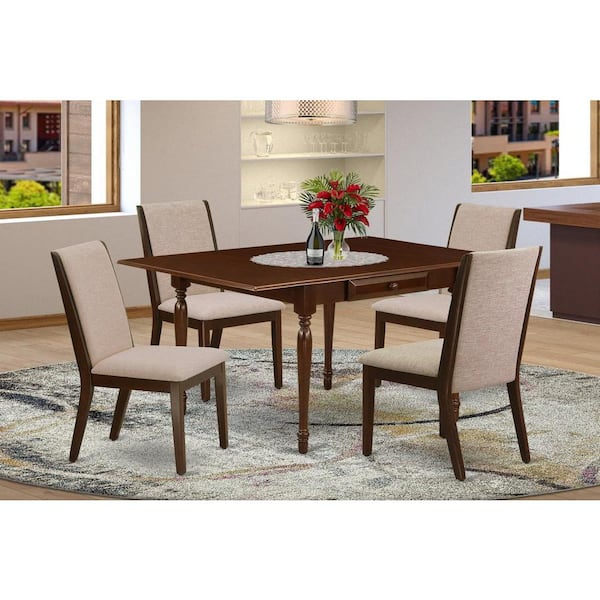 East West Furniture 5-Piece Mahogany Finish Solid Wood Top - Rectangular Dining Room Set with Leaf - Seats 4