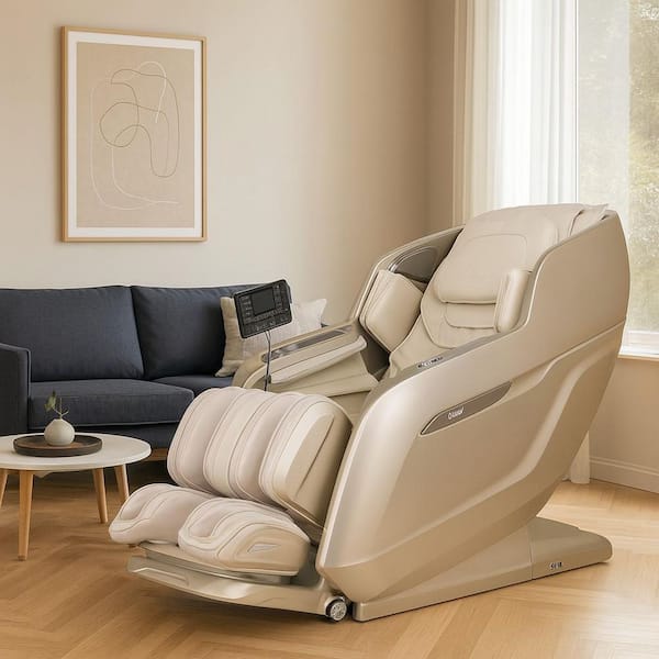 Achilles Series Taupe Faux Leather Reclining 4D Massage Chair, 360 Rotating Footrest, Heated Lumbar, Extended SL Tracks