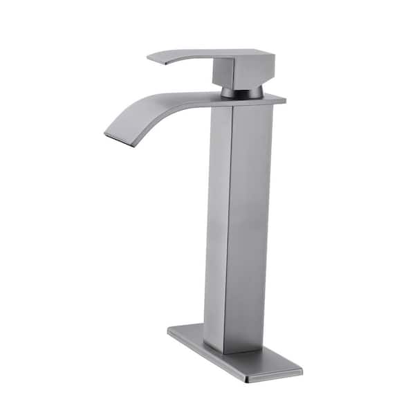 Lukvuzo Waterfall Single Handle Mid Arc Single Hole Bathroom Faucet with Deckplate Included in Brushed Nickel