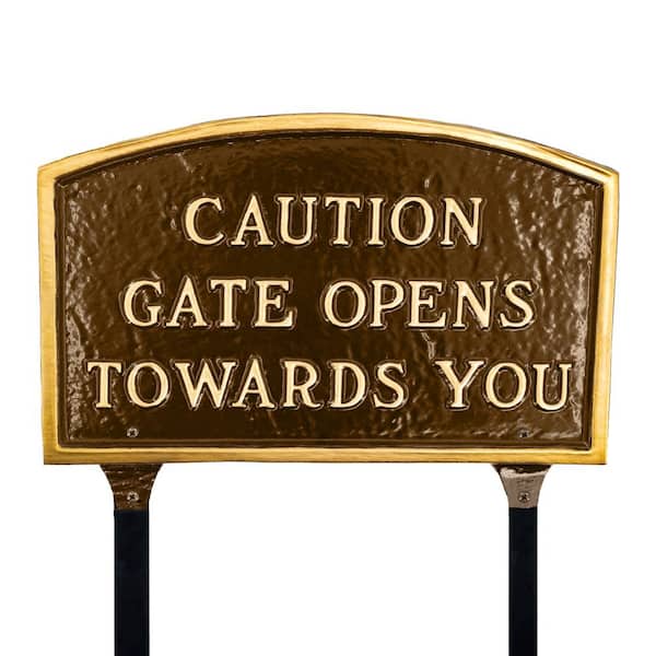 Montague Metal Products 10 in. x 15 Standard Arch Caution Gate Opens Towards You Statement Plaque Sign with Lawn Stakes - Oil Rubbed/Gold