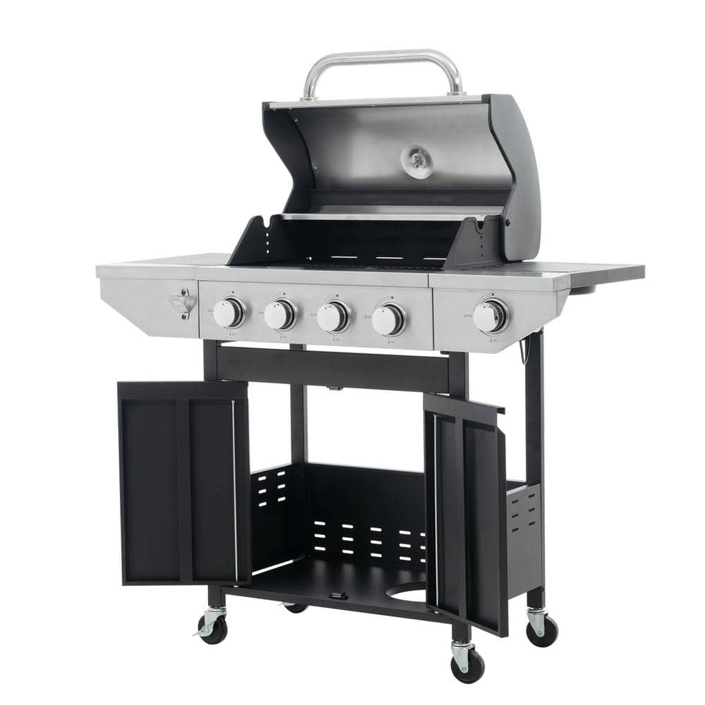 Portable Propane Grill 4 Burner Grill in Black and Silver, Stainless Steel Gas Grill with Side Burner, Barbecue Grill