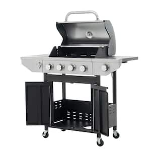 Portable Propane Grill 4 Burner Grill in Black and Silver, Stainless Steel Gas Grill with Side Burner, Barbecue Grill