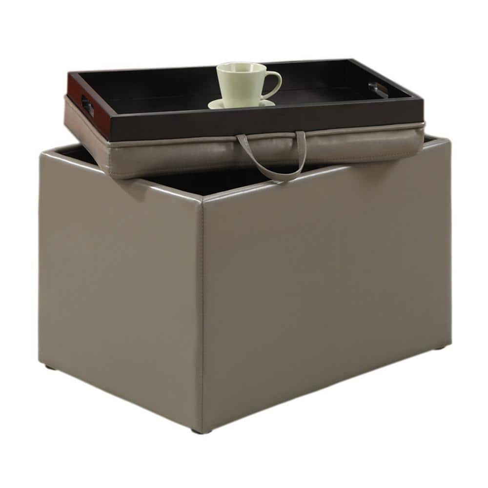 Taupe Gray Faux Leather Storage Ottoman with Reversible Tray