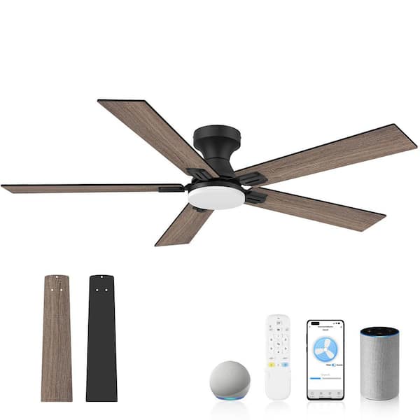 52 in. Black Flush Mount Outdoor Indoor Ceiling Fan with LED Light Remote/App/Voice Dimmable Dual-finish Plywood Blade
