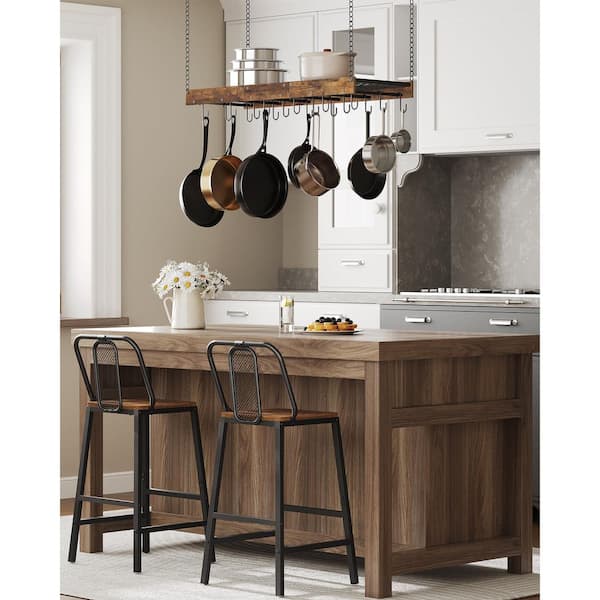 Numhew 35.4 in. Rustic Brown and Black Hanging Pot Rack with 18 Hooks, Pot and Pan Hanging Rack, Ceiling Wall Mounted Pot Rack