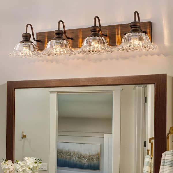 33.74 in. 4-Light Oil Rubbed Bronze Vintage Bathroom Vanity Light with Clear Flower Glass Shades