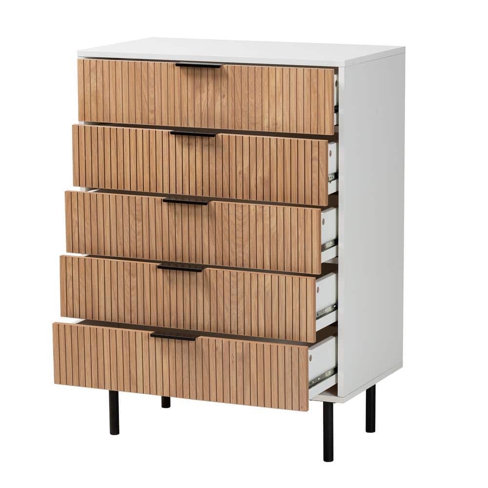 Karima Mid-Century Modern White and Natural Brown Wood Chest of Drawers