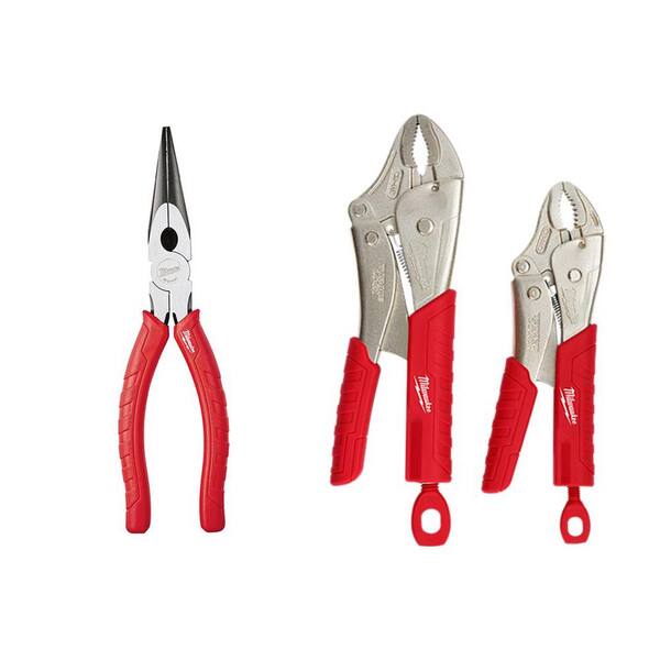 Milwaukee 8 in. Comfort Grip Long Nose Pliers with 7 in. and 10 in. Torque Lock Curved Jaw Locking Plier Set with Grip (3-Piece)
