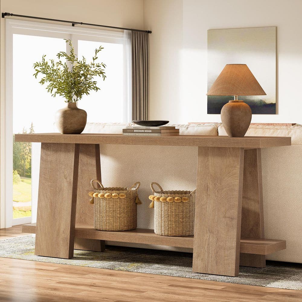 BYBLIGHT Turrella 71 in. Brown Rectangle Wood Console Table, 2-Tier ...
