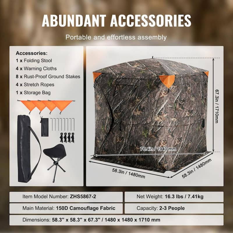 Hunting Blind, 270-Degree See Through Ground Blind, 2-3 Person Pop Up Deer Blind for Hunting with Carrying Bag, Portable