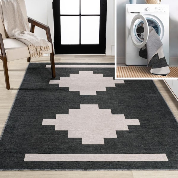 JONATHAN Y Adriel Geometric Tribal Medallion Machine-Washable Black/Ivory 5 ft. x 8 ft. Area Rug