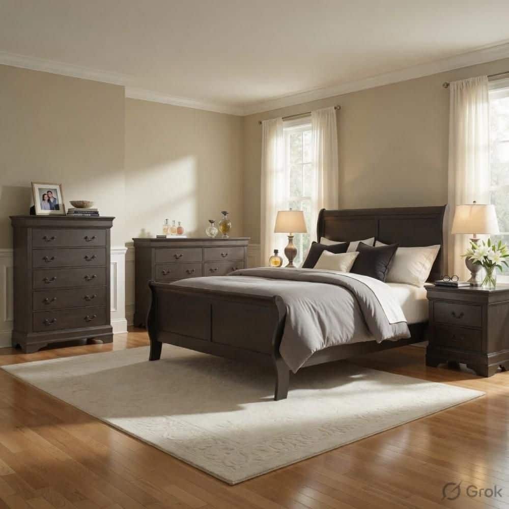 5-Piece Gray Wood Queen Size Bedroom Set with Bed, 2 Nightstands, Dresser and Chest