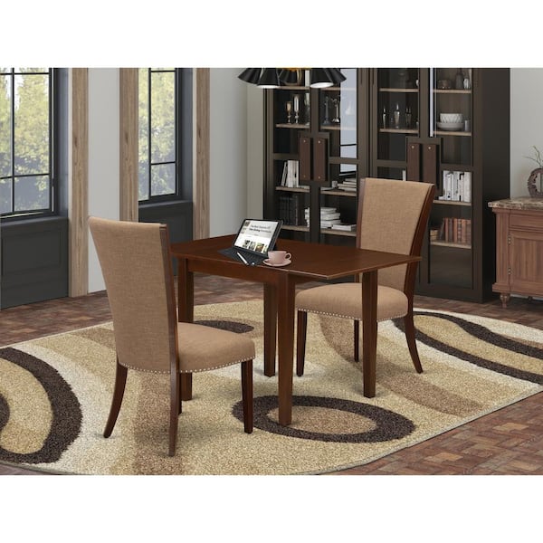 East West Furniture 3-Piece Mahogany Finish Rectangular Solid Wood Top with Dropleaf Dining Table Set