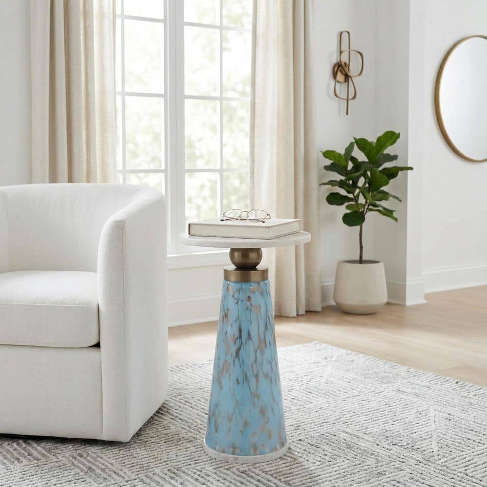 12 in. Brown Round Marble Top Art Tapered Base End Table