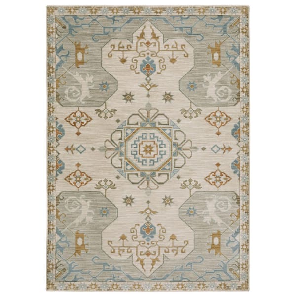 Maco Beige/Gray 10 ft. x 13 ft. Floral Southwest Medallion Polypropylene Fringe-Edge Indoor Area Rug