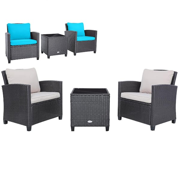 3-Pieces Outdoor Patio Rattan Conversation Set with Beige & Turquoise Cushion