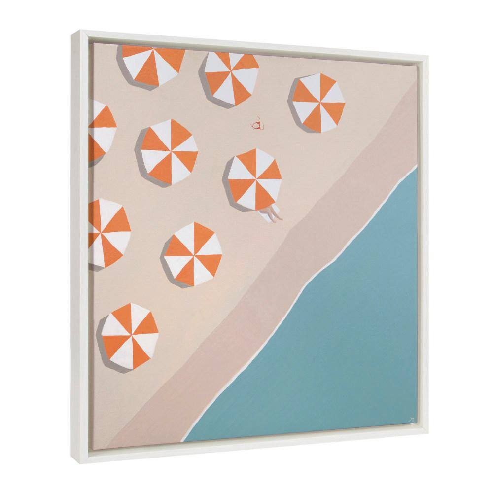 Beachside Umbrellas Coastal Canvas Art in White Frame