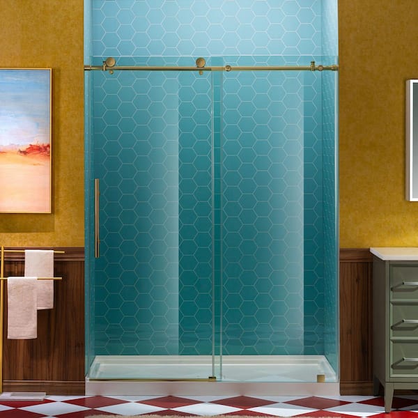 60 in. W x 80 in. H Sliding Frameless Shower Door in Brushed Gold Finish with 5/16 in. Clear Glass