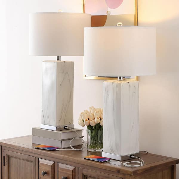SAFAVIEH Olympia 29 in. Black/White Marble Table Lamp with White Shade (Set of 2)