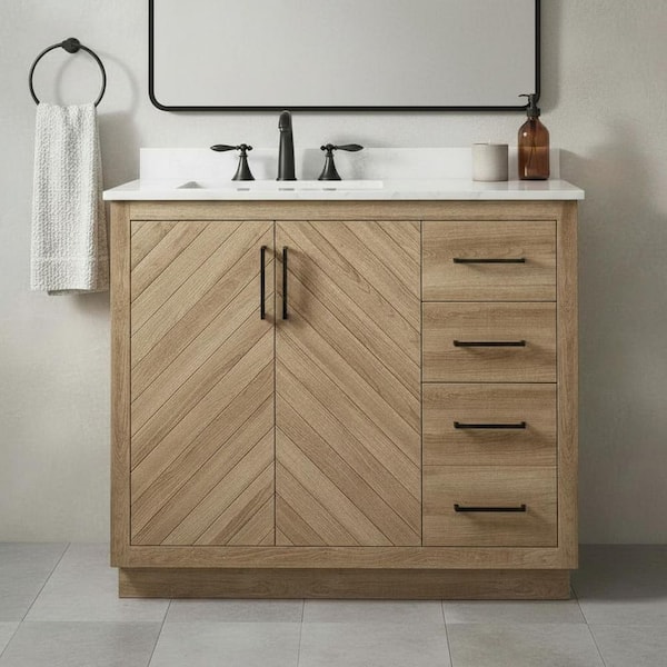 Huckleberry 42 in. Single Sink Weathered Tan Bath Vanity with White Engineered Marble Top (Assembled)