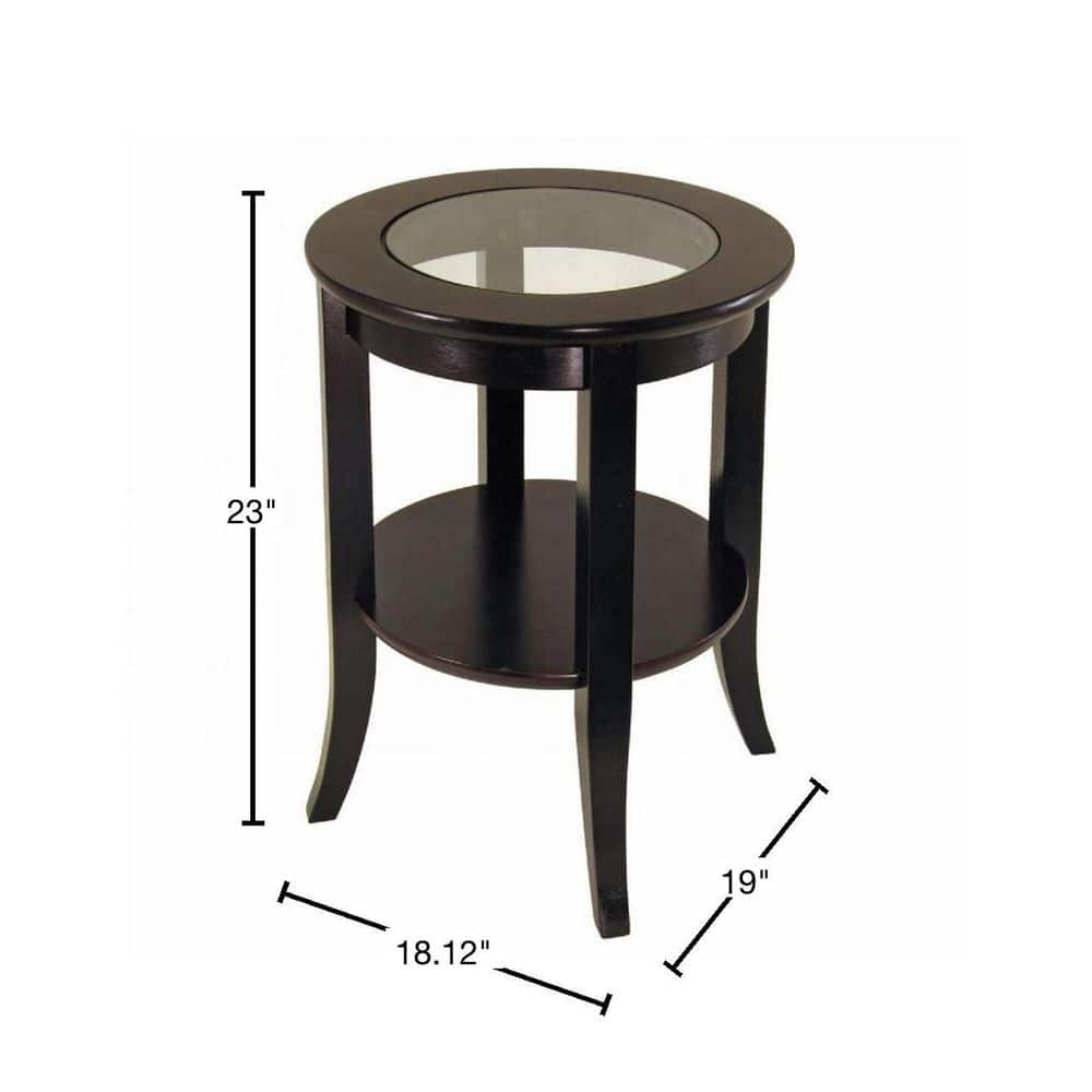Espresso Round Wood and Glass Side Table with Shelf
