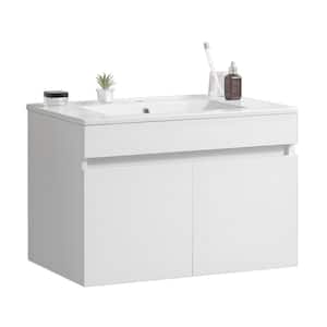 Yunus 30 in. W x 18 in. D x 19 in. H Floating Bath Vanity in White with White Cultured Ceramic Top