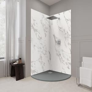 Corner Round 37 in. Lx 37 in. W x 84 in. H Solid Composite Stone Shower Kit w/Carrara Walls and Graphite Shower Pan Base