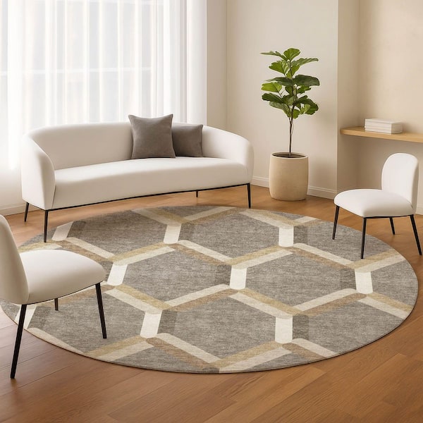 Chantille Machine Washable Indoor/Outdoor Abstract ACN2343 Taupe 8 ft. x 8 ft. Round Rug