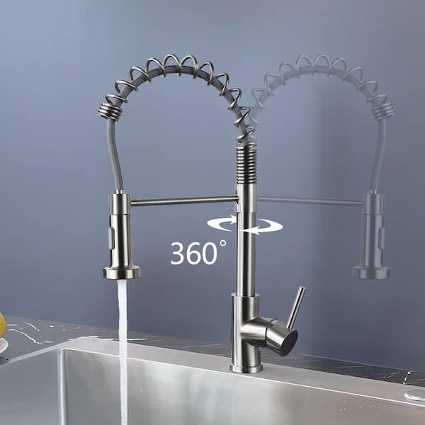 18.89 in. Single Handle 360° Spout Swivel Pull Down Sprayer Kitchen Sink Faucet in Brushed Nickel