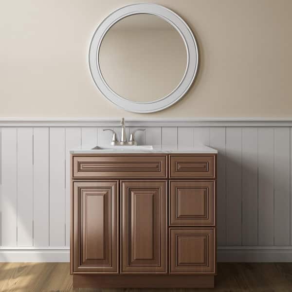 HOMEIBRO 36 in. W. x 21 in. D x 34.5 in. H in Cameo Scotch Plywood Ready to Assemble Vanity Base 3-Drawers Cabinet without Top