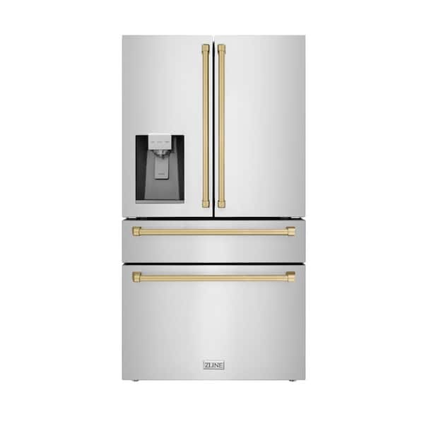ZLINE Kitchen and Bath Autograph Edition 36 in. Counter-Depth French Door Refrigerator in Stainless Steel with Bronze Traditional Handles