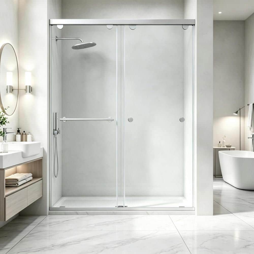 49 in. - 54 in. W x 76 in. H Semi-Frameless Double Sliding Shower Door in Brushed Nickel with 5/16 in. (8mm) Clear Glass price history on PriceWatchPro