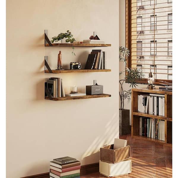 17 in. W x 6 in. D Rustic Brown Wood Decorative Wall Shelf, (Set