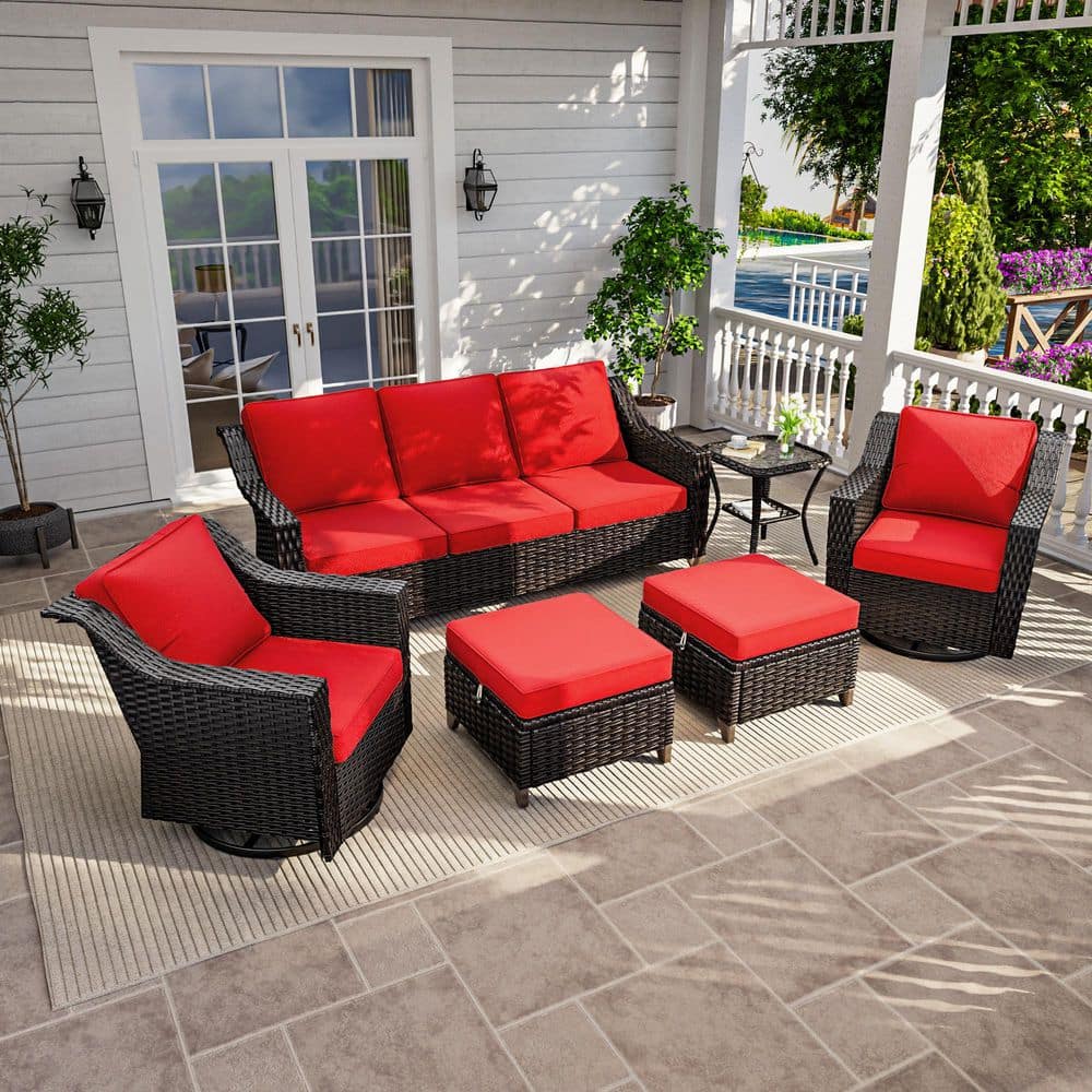 6-Piece Brown Wicker Patio Conversation Set Outdoor Sofa Seating Set with Thick Red Cushions and Side Table price history on PriceWatchPro