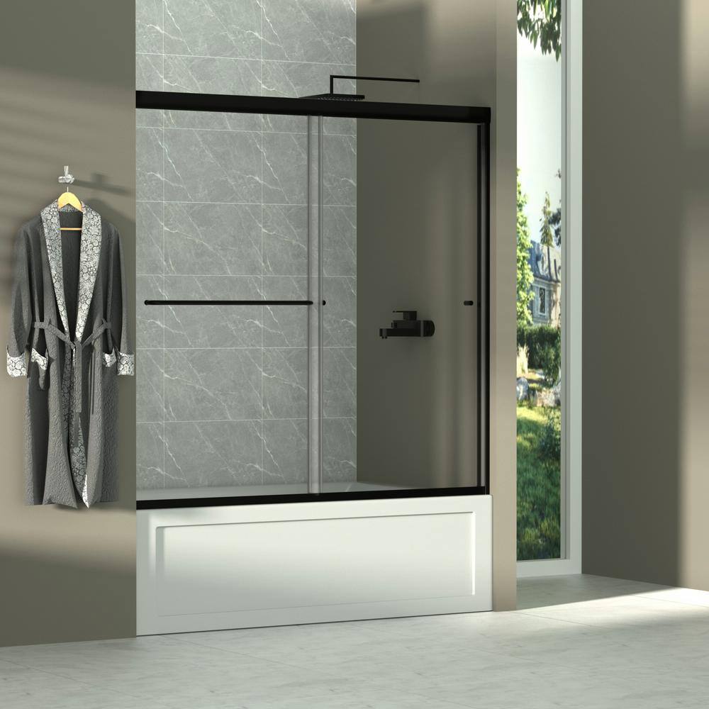 Matte Black Semi-Frameless Sliding Bathtub Door with Clear Glass