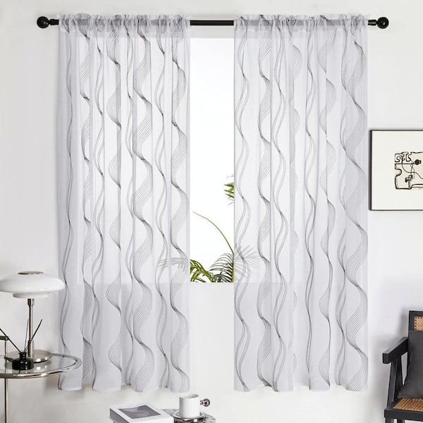 Pro Space 52 in. x 84 in. Gray Elegantly Embroidered Striped Rod-Pocket Sheer Curtains (2 Panels)