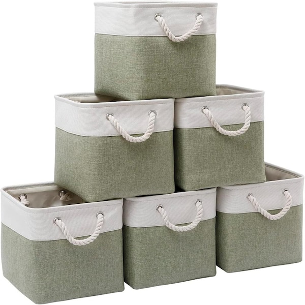 11 in. H x 10.5 in. W x 10.5 in. D  White/Green Fabric Cube Storage Bin with Handles, Pack of 6