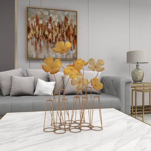 Litton Lane 9 in. x 21 in. Gold Metal Floral Sculpture with Mesh