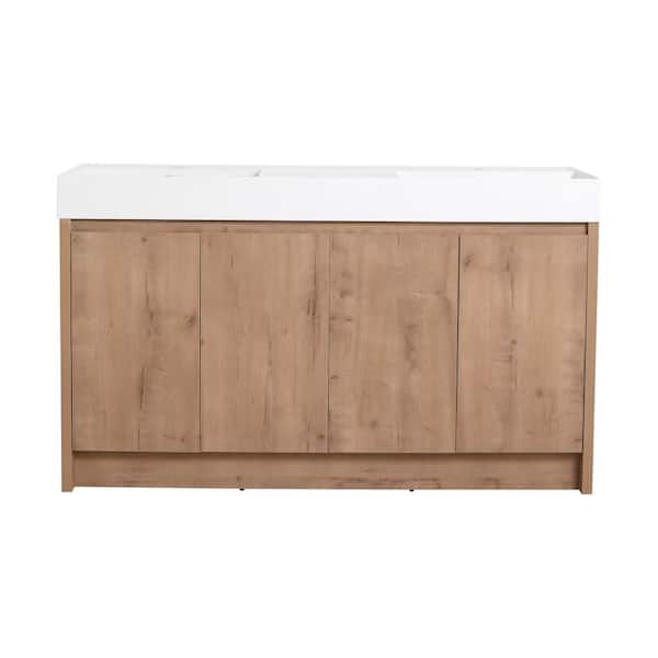 60 in. Freestanding Double Oak Bath Vanity with White Resin Top Unassembled