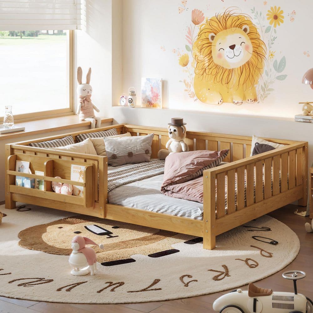 Light Natural Full Size Pine Wood Low Platform Bed with Safety Guardrails and Built-in Bookshelf