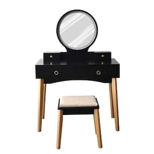 53.1 in. H x 35.4 in. W x 16.5 in. D Black Gold Bedroom Vanity Sets Makeup Table Set with Round Lights Mirror and Stool