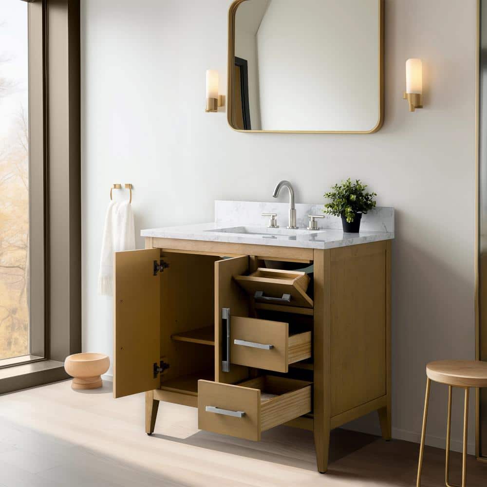 Natural Oak 36" Single Bathroom Vanity with Engineered Marble Top
