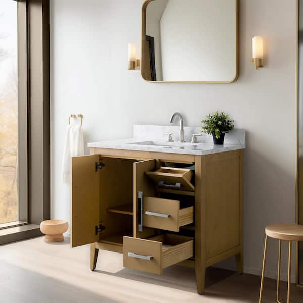 Vanity Art 42 in. W x 22 in. D x 34 in. H Single Sink Bathroom Vanity in Natural Oak with Engineered Marble Top